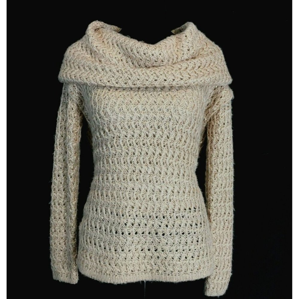 Antonio Melani Sweater SM Beige‎ Tan Chunky Knit Cowl Neck Sequin Long Sl Lined